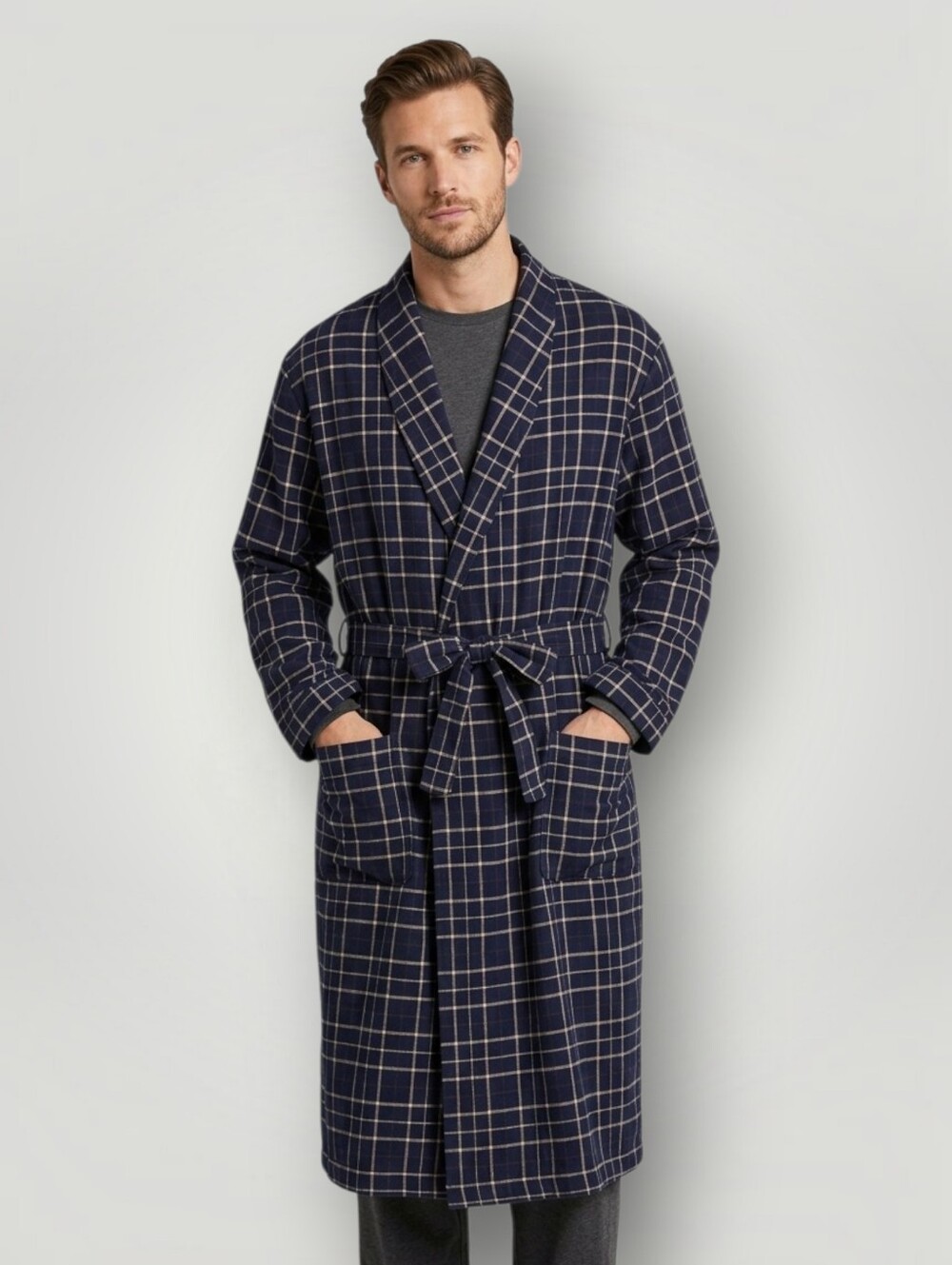 Brooks Brothers 1818 Men's XL Navy Windowpane Flannel Robe Belted Cotton